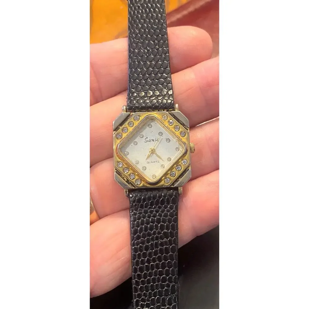 VTG Two Tone Sonia Watch, Crystal Accents, Black Leather Band